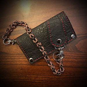 Long Biker Exotic Leather Wallet with Chain - Genuine Black Elephant w/ Red Stitching