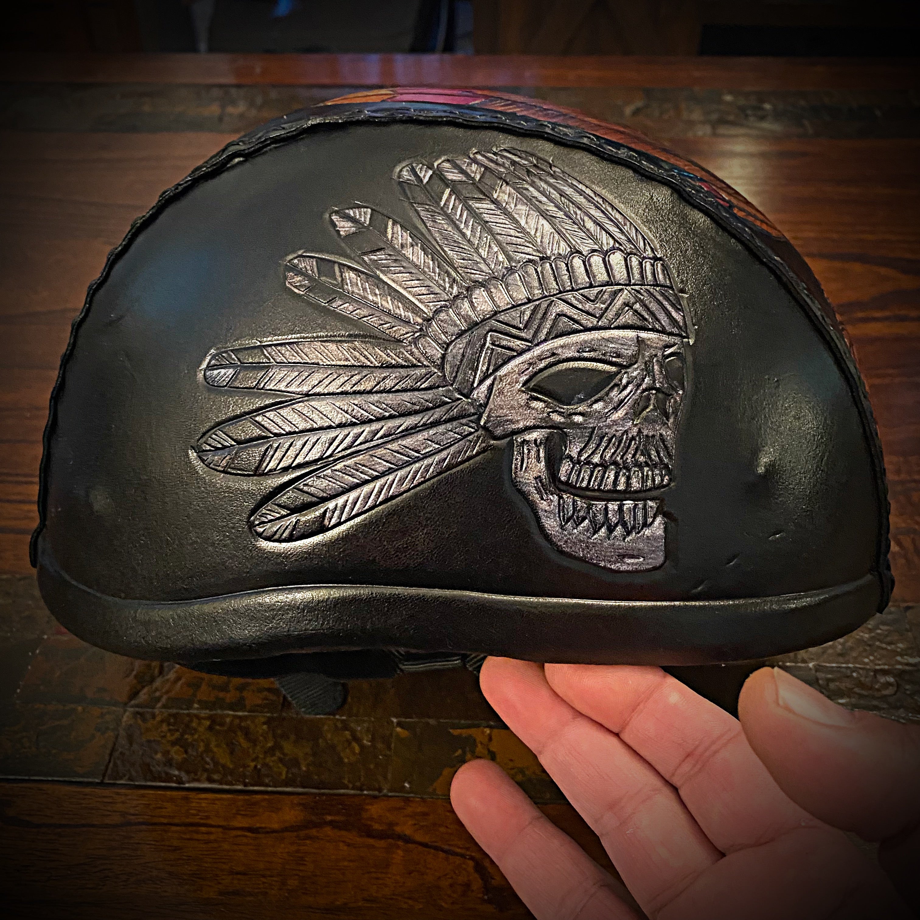 Leather covered Half Helmet With Flying Skull Art – Forged Glory Custom Leather Craft