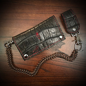 Long Biker Exotic Leather Wallet with Chain - American Alligator Leather, Black, Red Interior, Red Stitching