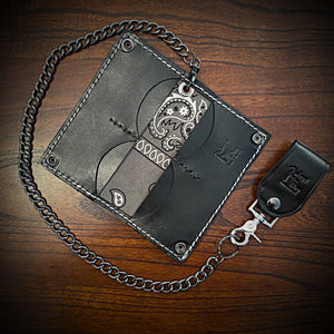 Long Biker Leather Wallet with Chain - Custom Art, Black
