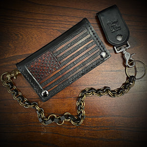 Long Biker Leather Wallet with Chain- Old Glory, Black