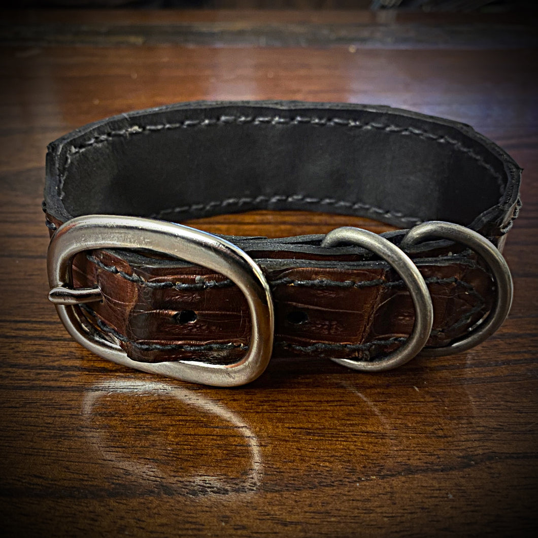 Dog Collar with Embossed Alligator Leather- Brown