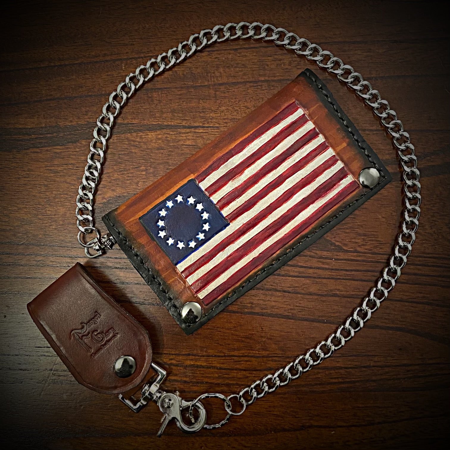 Long Biker Leather Wallet with Chain - Betsy Ross, Brown – Forged