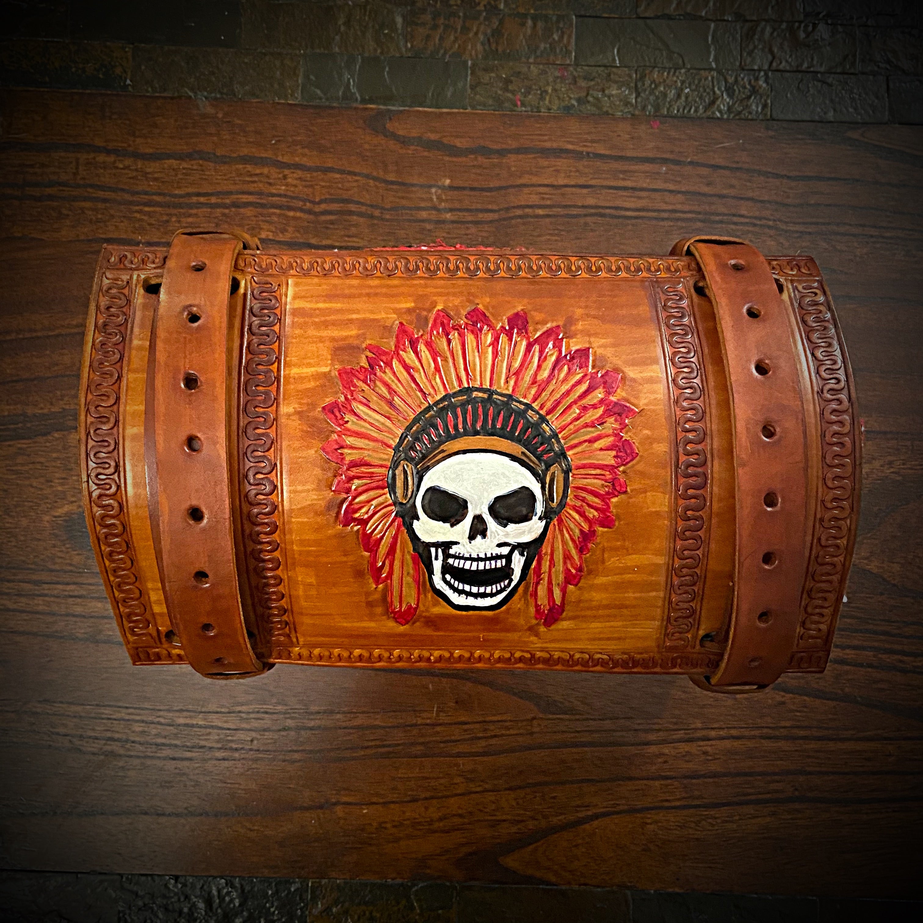 Bedroll for Motorcycles - Native Skull, Indian Tan – Forged Bedroll for Motorcycles - Native Skull, Indian Tan – Forged